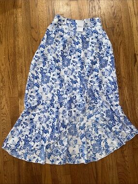 Masala Blue  and White Floral Ruffle Midi Skirt Medium NWT